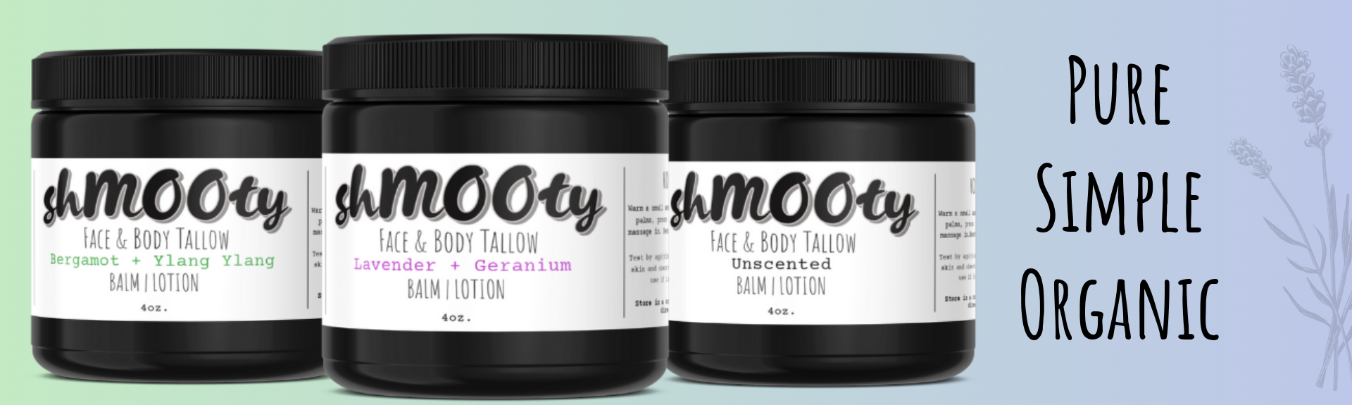 Three jars of Shmooty grass-fed beef tallow balm: Bergamot + Ylang Ylang, Lavender + Geranium and Unscented